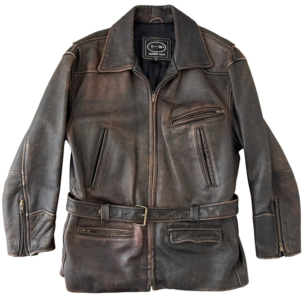 Vintage Tannery West Brown Leather Moto Jacket Womens XS Belted Distressed Y2K
